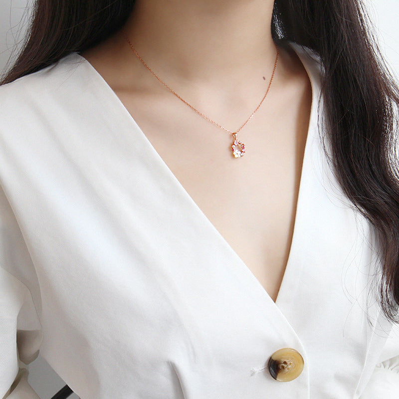 Beautiful Pink CZ White Shell Flower Garland 925 Sterling Silver Necklace - SterlingSilberSchmuck