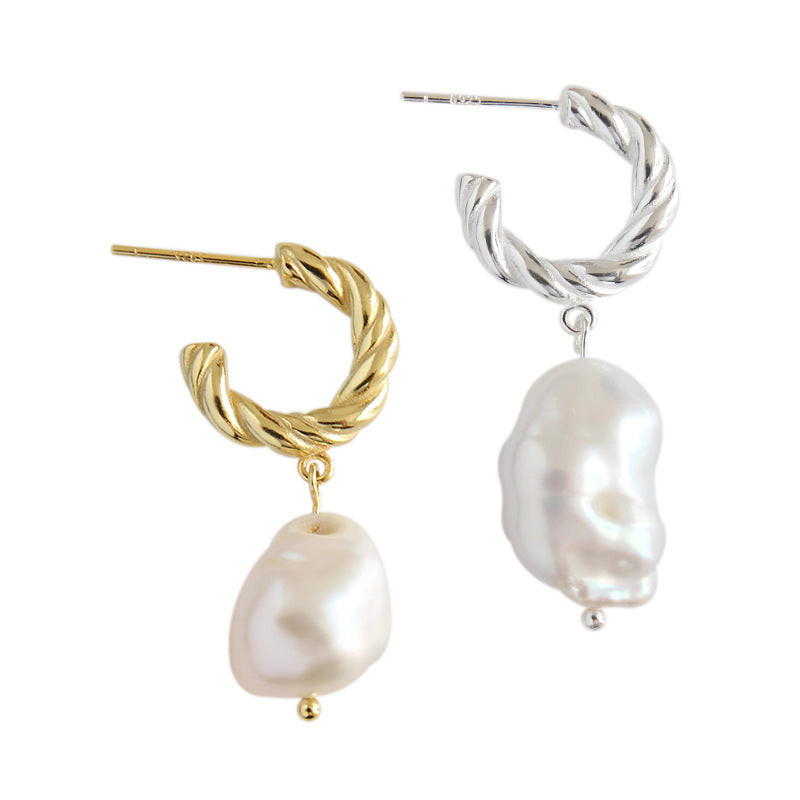 Fashion Irregular Shell Pearl Twisted Circle 925 Sterling Silver Hoop Earrings - SterlingSilberSchmuck