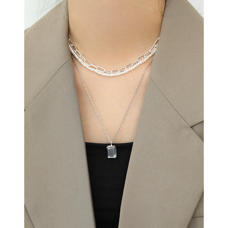 Goldener Sandstein & Kristall Kette - 925 Silber Quadrat Kette