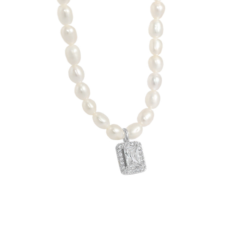 Perlen Rechteck CZ Halskette 925 Sterling Silber elegant modern
