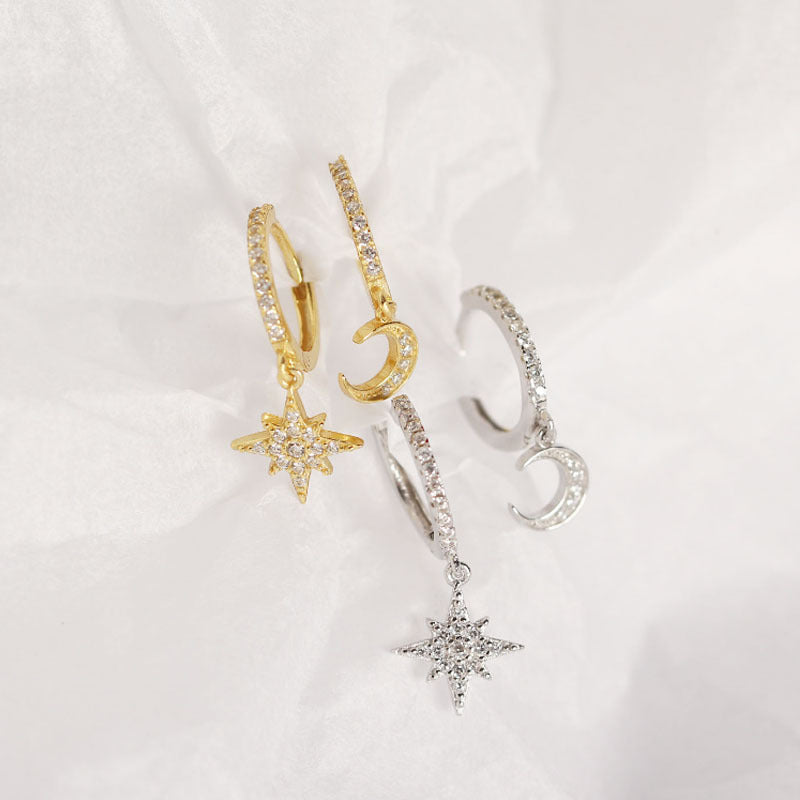 Asymmetrische CZ Stern Mond Hebelohrringe aus 925 Sterlingsilber - SterlingSilberSchmuck