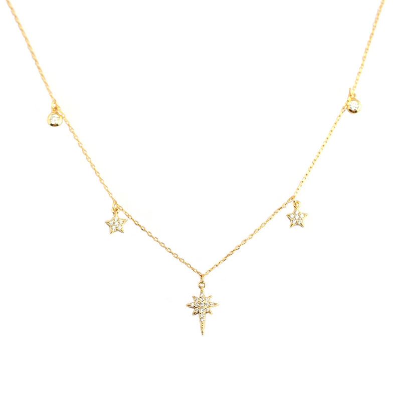 Halskette für Damen mit funkelnden CZ-Sternen in 925er Sterlingsilber, silverbene, detailreiche Schmuckaufnahme
