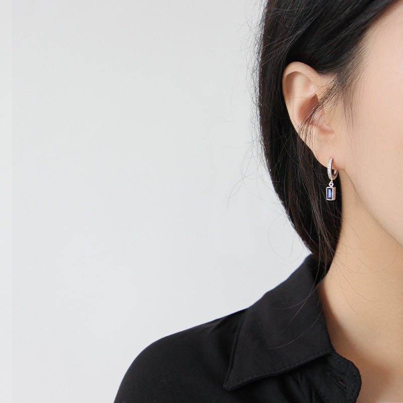Geometry Blue CZ Rectangle 925 Silver Dangling Earrings (Single Piece) - SterlingSilberSchmuck