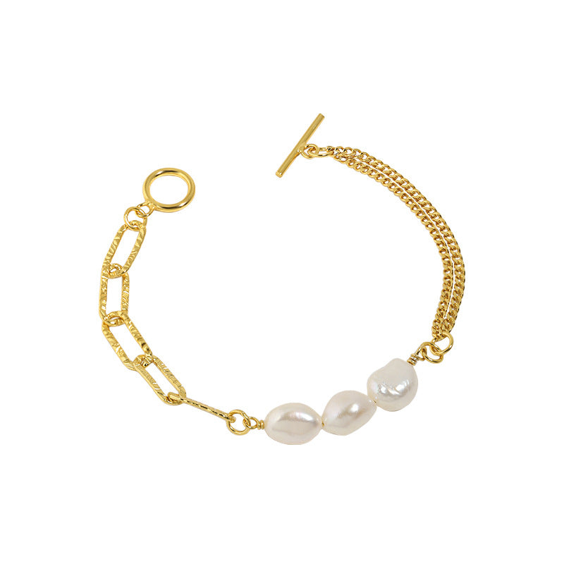 Asymmetry Hollow Chain Baroque Natural Pearl 925 Sterling Silver Bracelet - SterlingSilberSchmuck