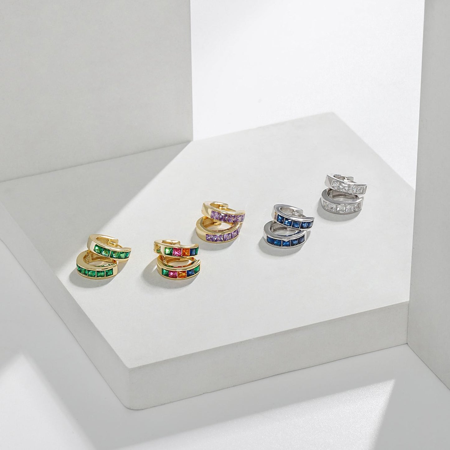 Party Geometry Colorful CZ 925 Sterling Silver Hoop Earrings - SterlingSilberSchmuck