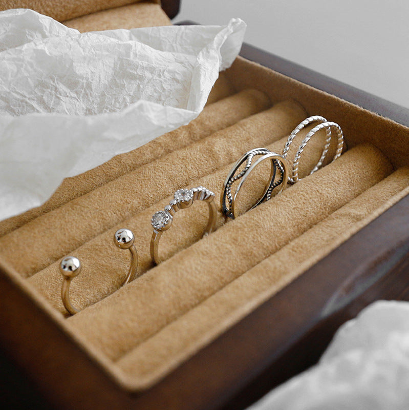 Twisted beads CZ ring in 925 sterling silver, adjustable design by silverbene, showcasing intricate bead details.