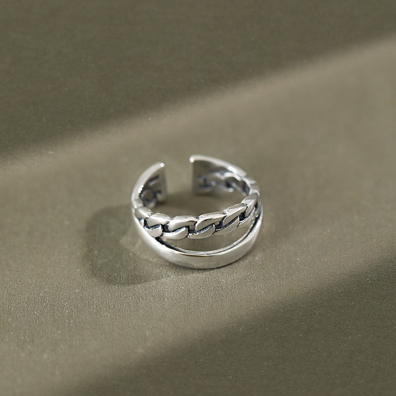 Vintage Kettendoppelschicht Ring aus 925 Sterlingsilber, verstellbar, mit feinen Detailarbeiten und elegantem Design.