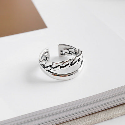 Vintage silverbene double-layer ring in 925 sterling silver, adjustable design showcasing intricate detailing.