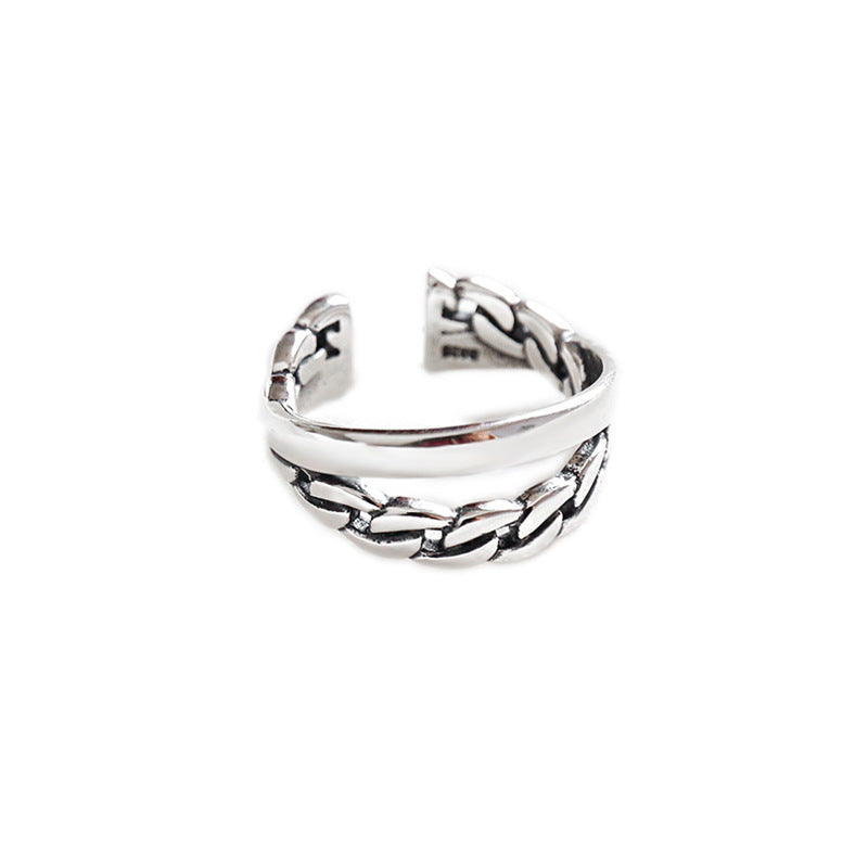 Vintage Kettendoppelschicht Ring aus 925 Sterlingsilber, verstellbar, mit eleganten Ketten-Design und glänzender Oberfläche.