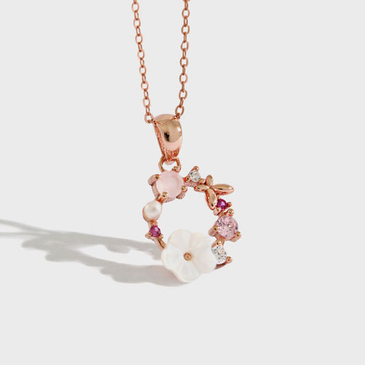 Beautiful Pink CZ White Shell Flower Garland 925 Sterling Silver Necklace - SterlingSilberSchmuck