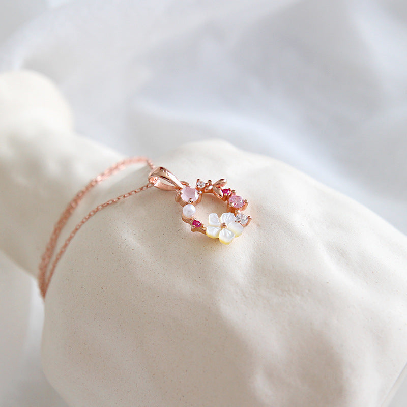 Beautiful Pink CZ White Shell Flower Garland 925 Sterling Silver Necklace - SterlingSilberSchmuck