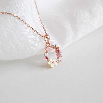 Beautiful Pink CZ White Shell Flower Garland 925 Sterling Silver Necklace - SterlingSilberSchmuck