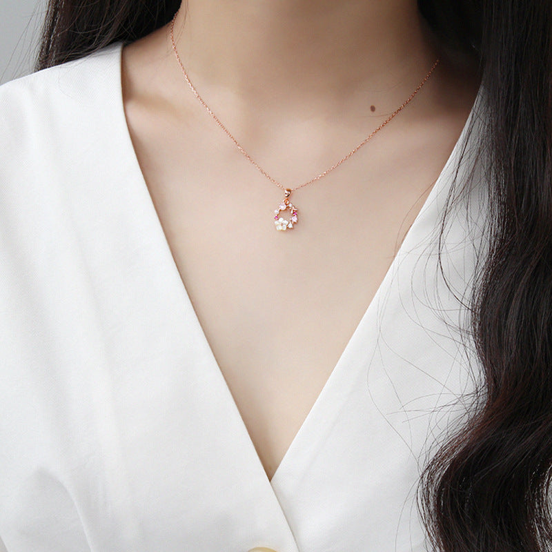 Beautiful Pink CZ White Shell Flower Garland 925 Sterling Silver Necklace - SterlingSilberSchmuck