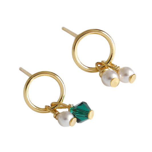 Asymmetry Shell Pearls Green CZ 925 Sterling Silver Stud Earrings - SterlingSilberSchmuck