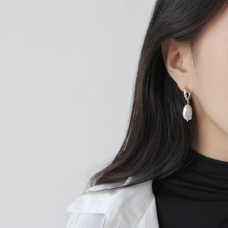 Fashion Irregular Shell Pearl Twisted Circle 925 Sterling Silver Hoop Earrings - SterlingSilberSchmuck