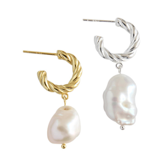 Fashion Irregular Shell Pearl Twisted Circle 925 Sterling Silver Hoop Earrings - SterlingSilberSchmuck