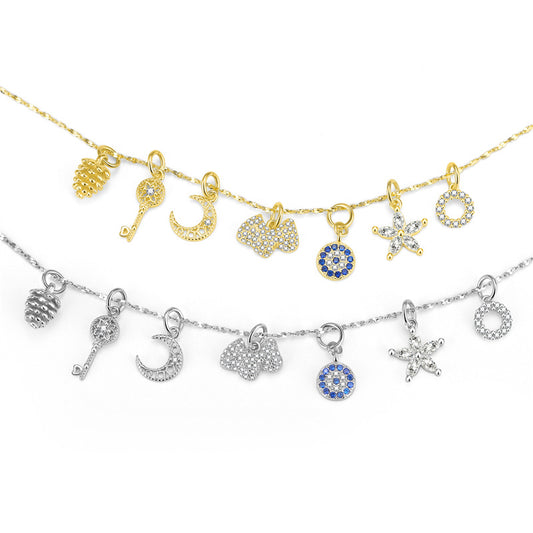 Cute CZ Moon Flower Key Cloud Star Circle 925 Sterling Silver DIY Charm - SterlingSilberSchmuck