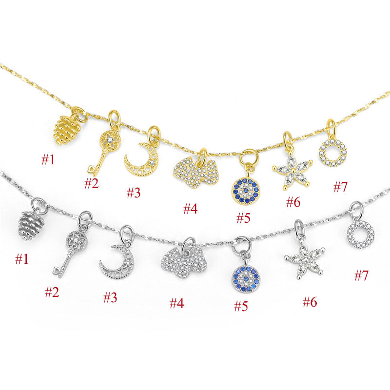 Cute CZ Moon Flower Key Cloud Star Circle 925 Sterling Silver DIY Charm - SterlingSilberSchmuck