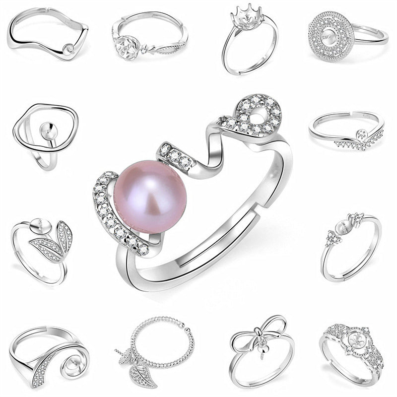 Fashion CZ Geometry Round Crown Leaf 925 Silver Oval Gemstone Adjustable DIY Ring Setting - SterlingSilberSchmuck