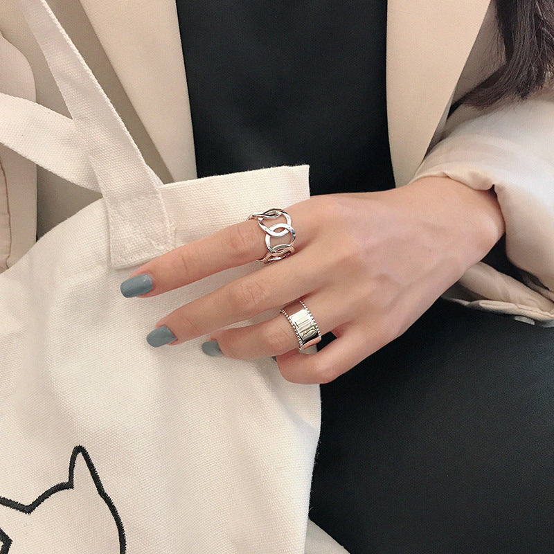 Breiter Hollow Chain Ring aus 925 Sterling Silber, verstellbar, modernes Design, von Silverbene.