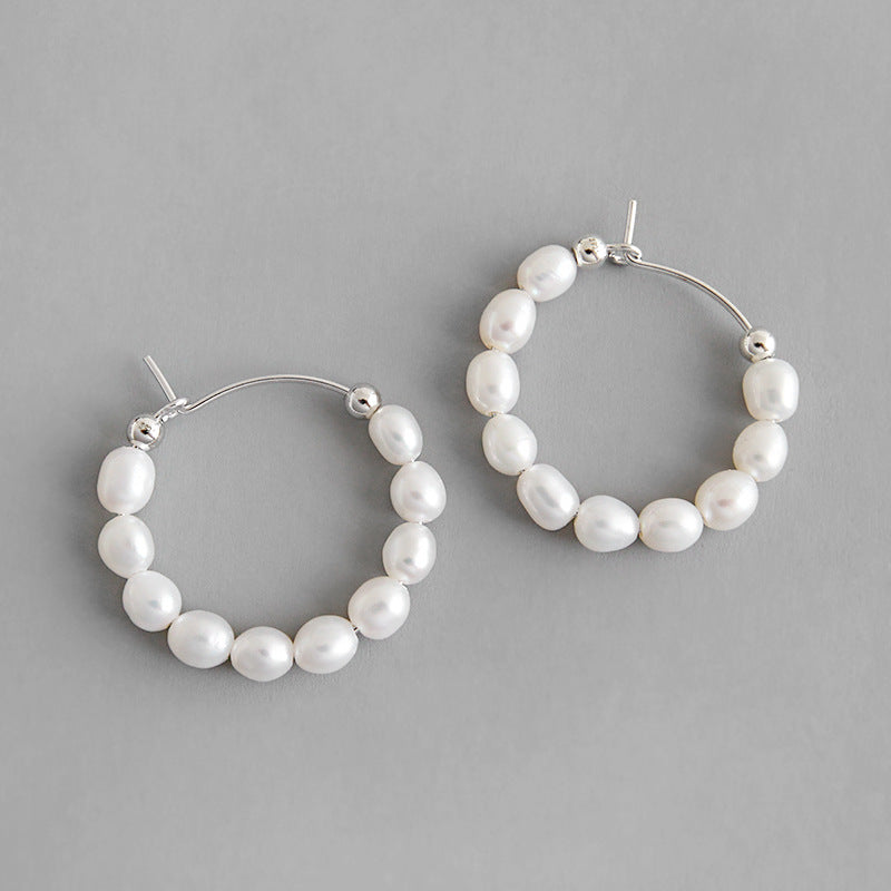 Elegant Natural Pearls Circles 925 Sterling Silver Hoop Earrings - SterlingSilberSchmuck