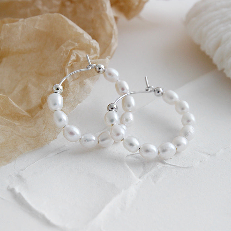 Elegant Natural Pearls Circles 925 Sterling Silver Hoop Earrings - SterlingSilberSchmuck