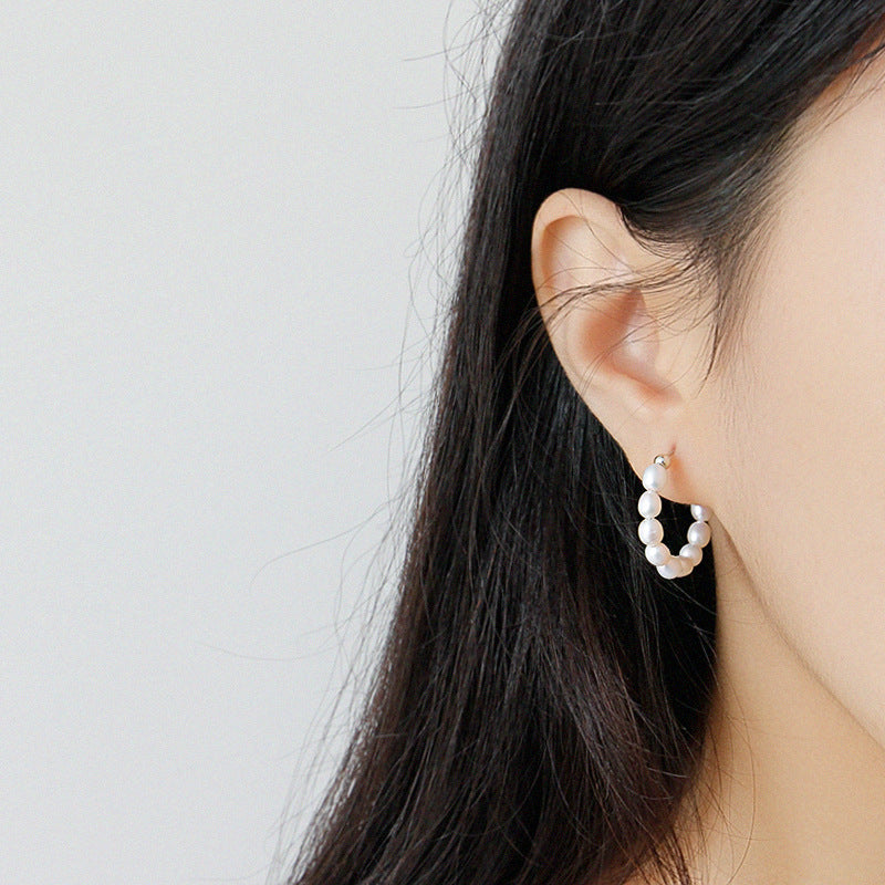 Elegant Natural Pearls Circles 925 Sterling Silver Hoop Earrings - SterlingSilberSchmuck