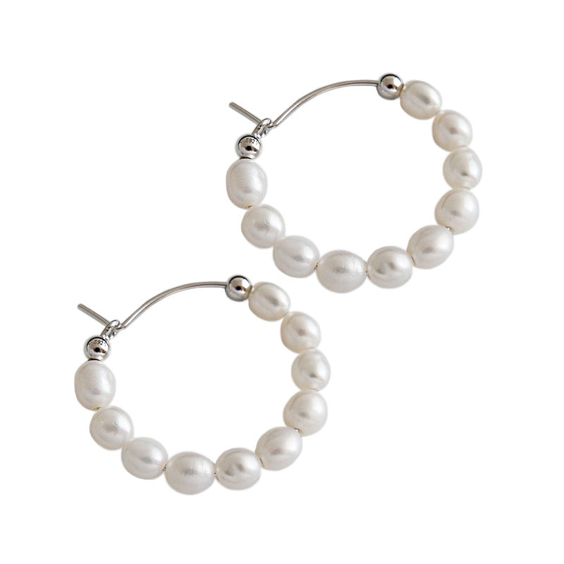 Elegant Natural Pearls Circles 925 Sterling Silver Hoop Earrings - SterlingSilberSchmuck