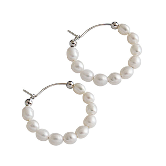Elegant Natural Pearls Circles 925 Sterling Silver Hoop Earrings - SterlingSilberSchmuck