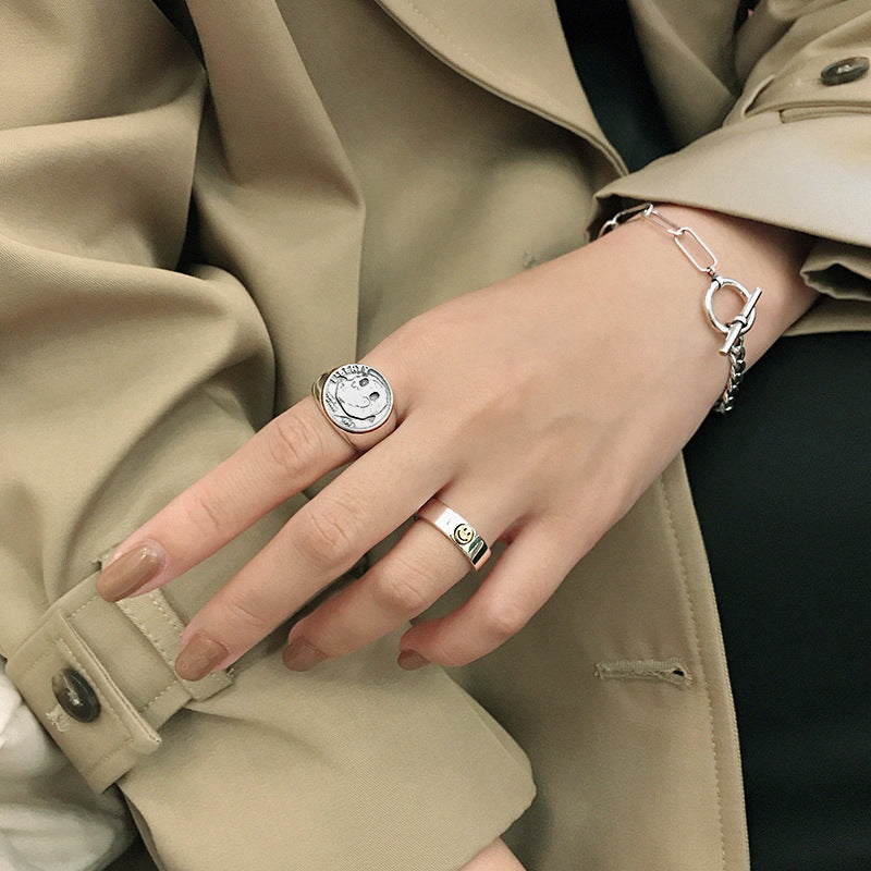 Vintage Smile Gesicht Ring - 925 Sterling Silber Verstellbar