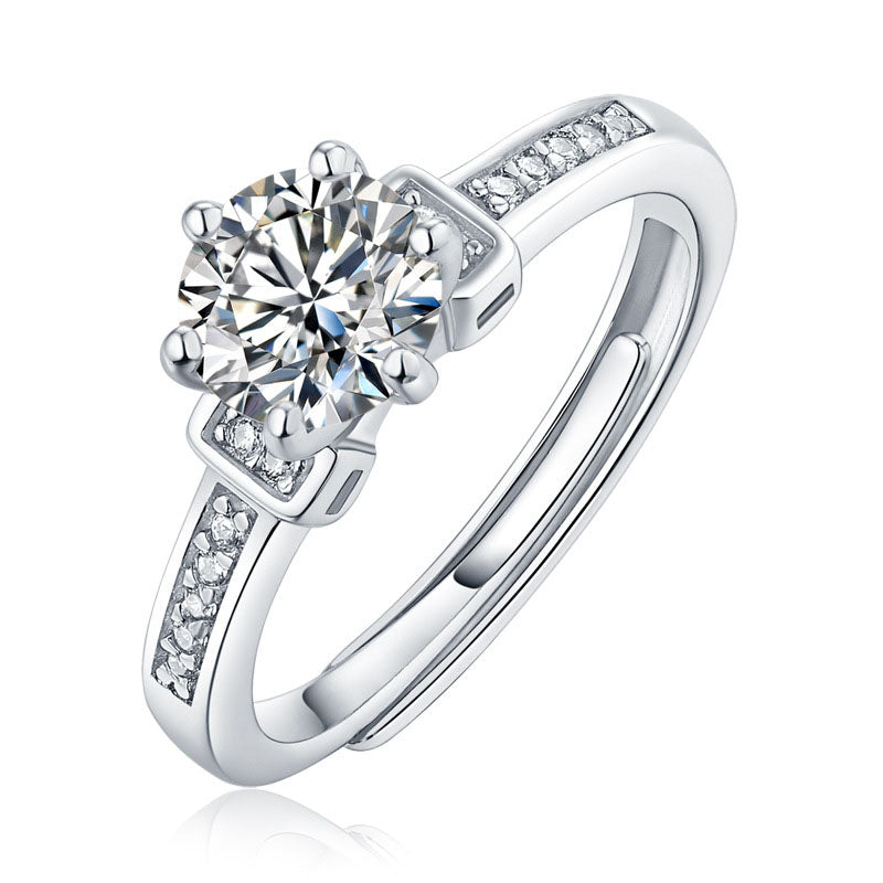 Masculine Six Claw Moissanite CZ 925 Sterling Silver Adjustable Ring - SterlingSilberSchmuck