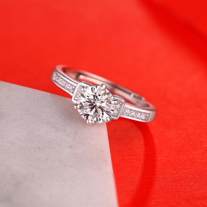 Masculine Six Claw Moissanite CZ 925 Sterling Silver Adjustable Ring - SterlingSilberSchmuck