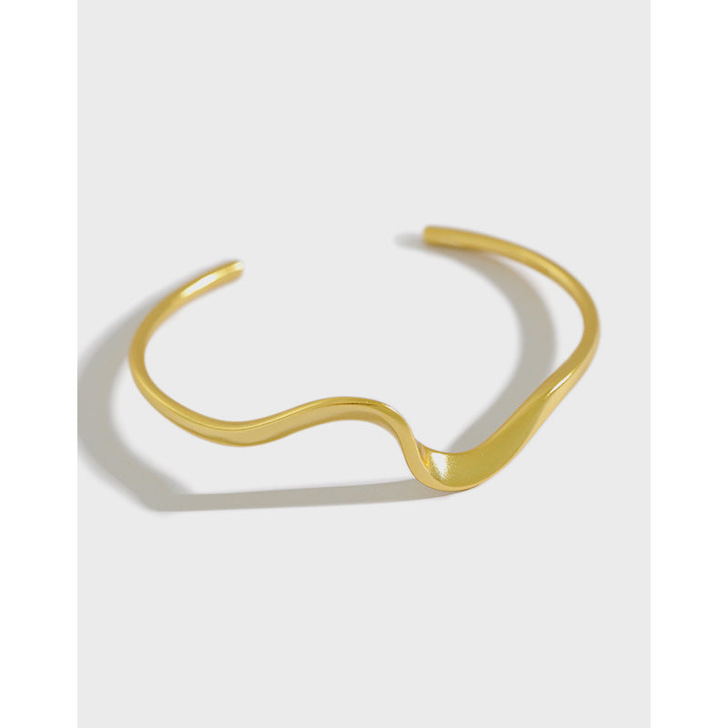 Simple Irregular Wave 925 Sterling Silver Open Bangle - SterlingSilberSchmuck