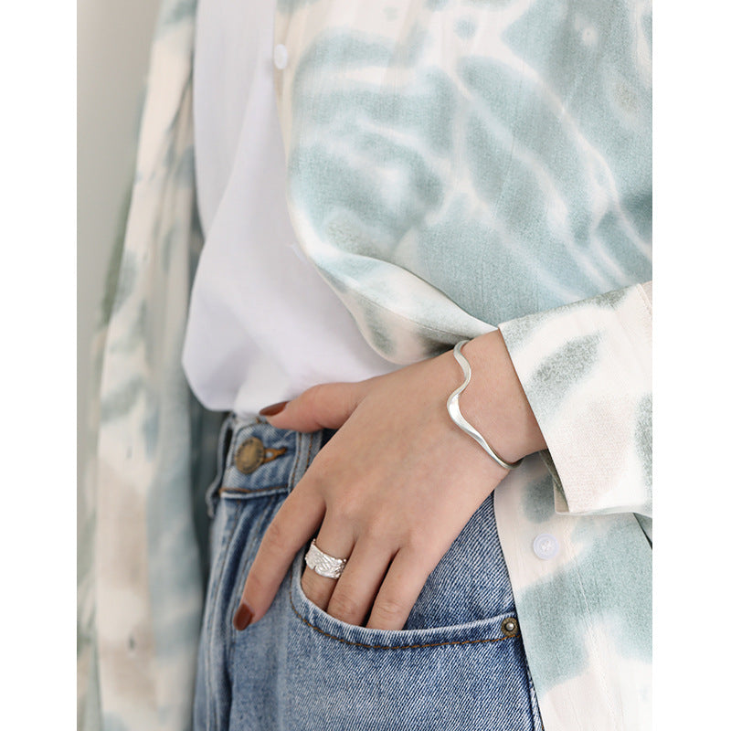 Simple Irregular Wave 925 Sterling Silver Open Bangle - SterlingSilberSchmuck