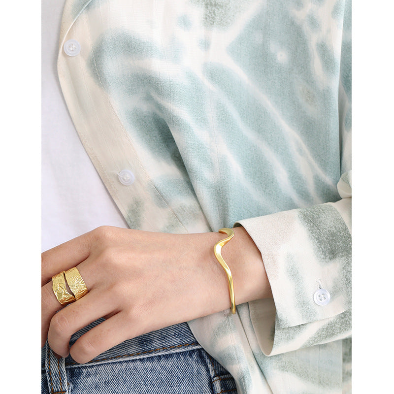 Simple Irregular Wave 925 Sterling Silver Open Bangle - SterlingSilberSchmuck
