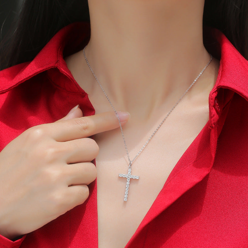 Classic Moissanite CZ Cross 925 Sterling Silver Necklace - SterlingSilberSchmuck