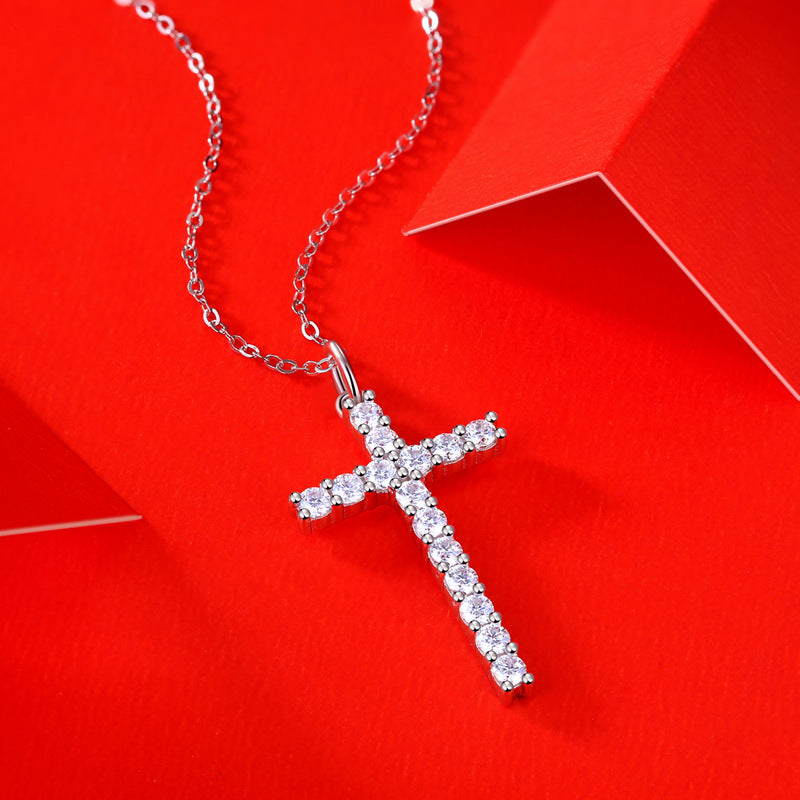 Classic Moissanite CZ Cross 925 Sterling Silver Necklace - SterlingSilberSchmuck