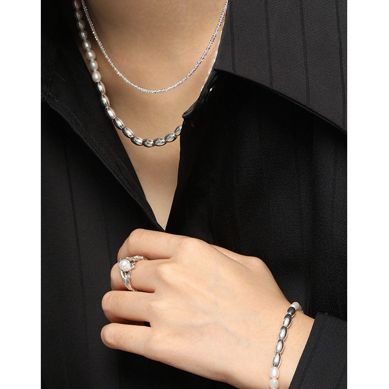 Asymmetry Oval Natural Pearl Waterdrop 925 Sterling Silver Necklace - SterlingSilberSchmuck