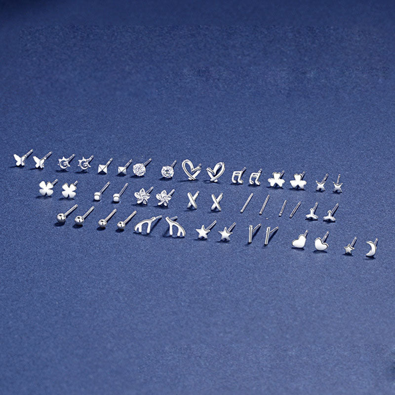 Mini Star Moon Heart Windmill Round T X Flower Leaf CZ 999 Sterling Silver Stud Earrings - SterlingSilberSchmuck
