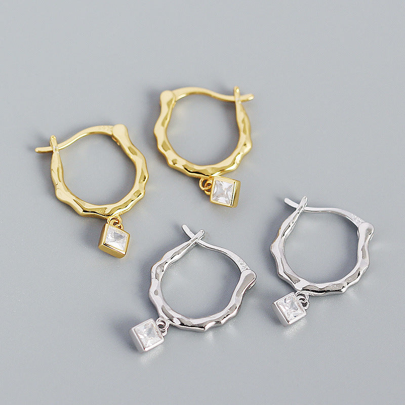 Silverbene unregelmäßige CZ-Quadrat-Design Silber-Ohrhänger aus 925er Sterlingsilber, geometrische Creolen, modischer Ohrschmuck