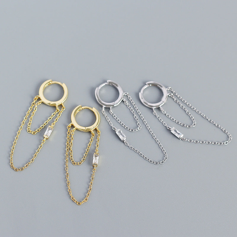 Elegant CZ Double Tassels 925 Sterling Silver Hoop Earrings - SterlingSilberSchmuck