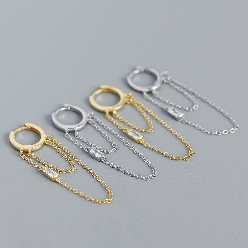 Elegant CZ Double Tassels 925 Sterling Silver Hoop Earrings - SterlingSilberSchmuck