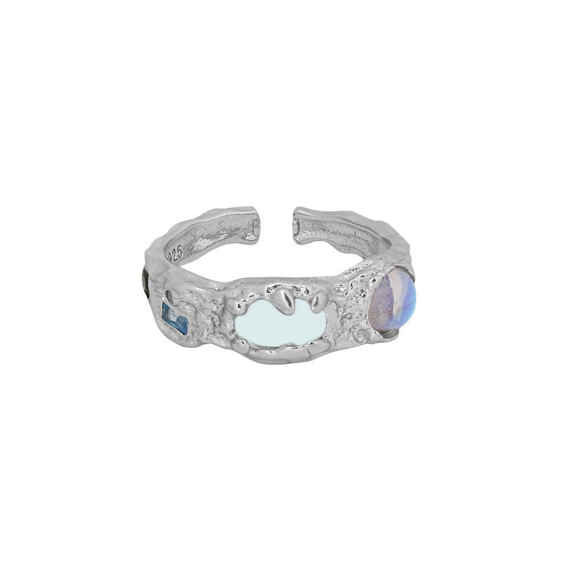 Irregular Round Created Moonstone CZ Ring – 925 Sterling Silver Adjustable - SterlingSilberSchmuck