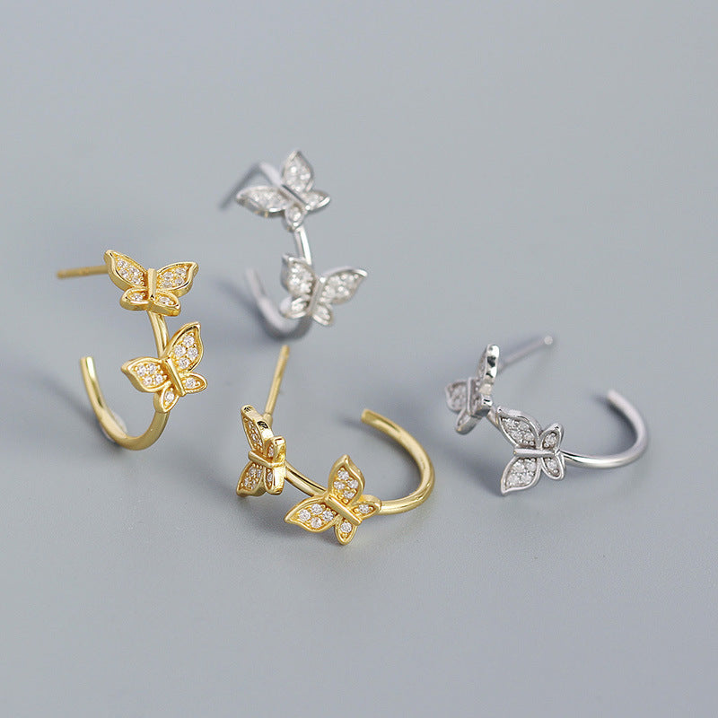 Girl Two Flying CZ Butterflies 925 Sterling Silver Stud Earrings - SterlingSilberSchmuck