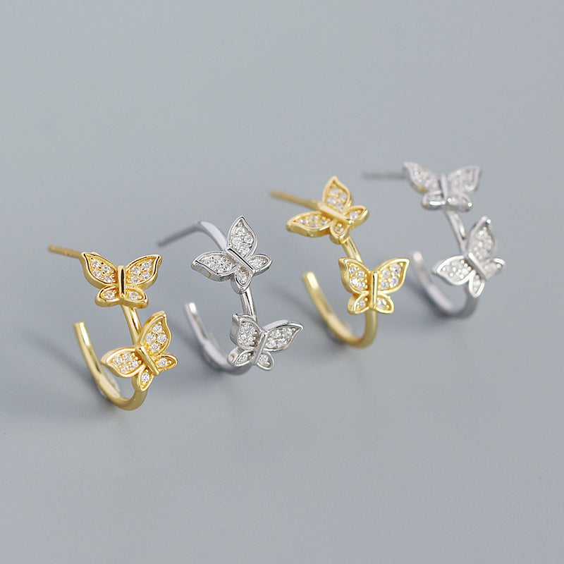 Girl Two Flying CZ Butterflies 925 Sterling Silver Stud Earrings - SterlingSilberSchmuck