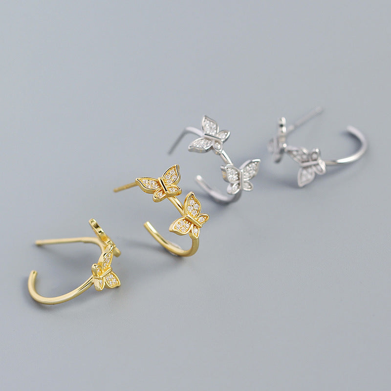 Girl Two Flying CZ Butterflies 925 Sterling Silver Stud Earrings - SterlingSilberSchmuck