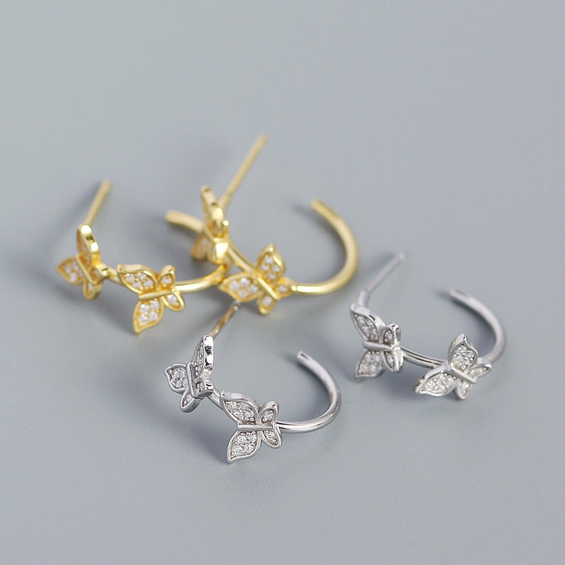 Girl Two Flying CZ Butterflies 925 Sterling Silver Stud Earrings - SterlingSilberSchmuck