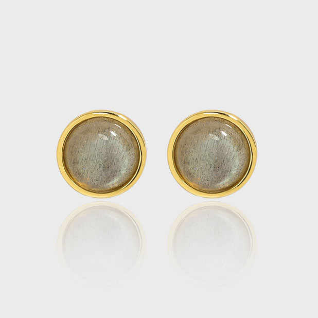 Simple Round Natural Abradorite 925 Sterling Silver Stud Earrings - SterlingSilberSchmuck