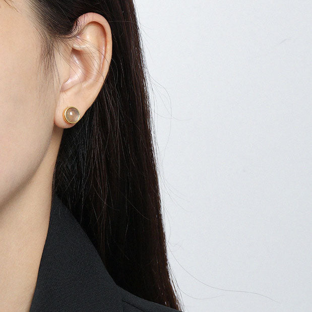 Simple Round Natural Abradorite 925 Sterling Silver Stud Earrings - SterlingSilberSchmuck