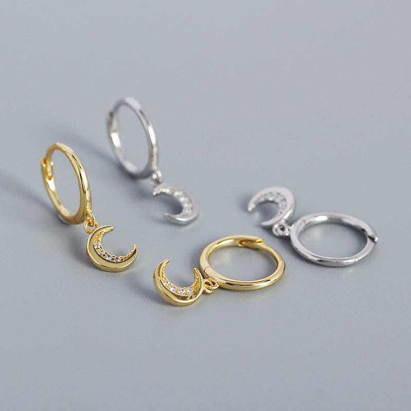 Sweet CZ Crescent Moon 925 Sterling Silver Hoop Earrings - SterlingSilberSchmuck